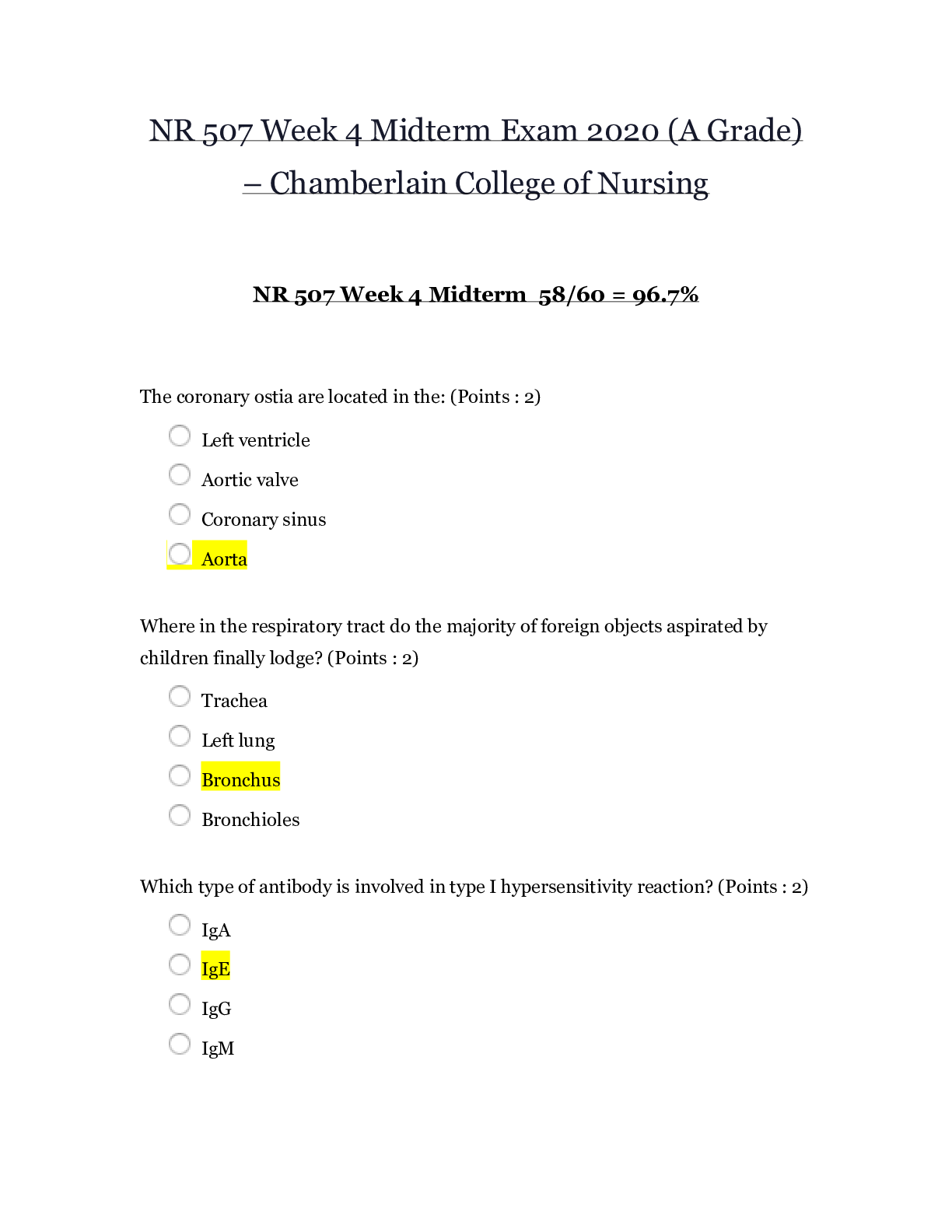 NR 507 Week 4 Midterm Exam. Score 58/60 = 96.7%. Chamberlain College of Nursing